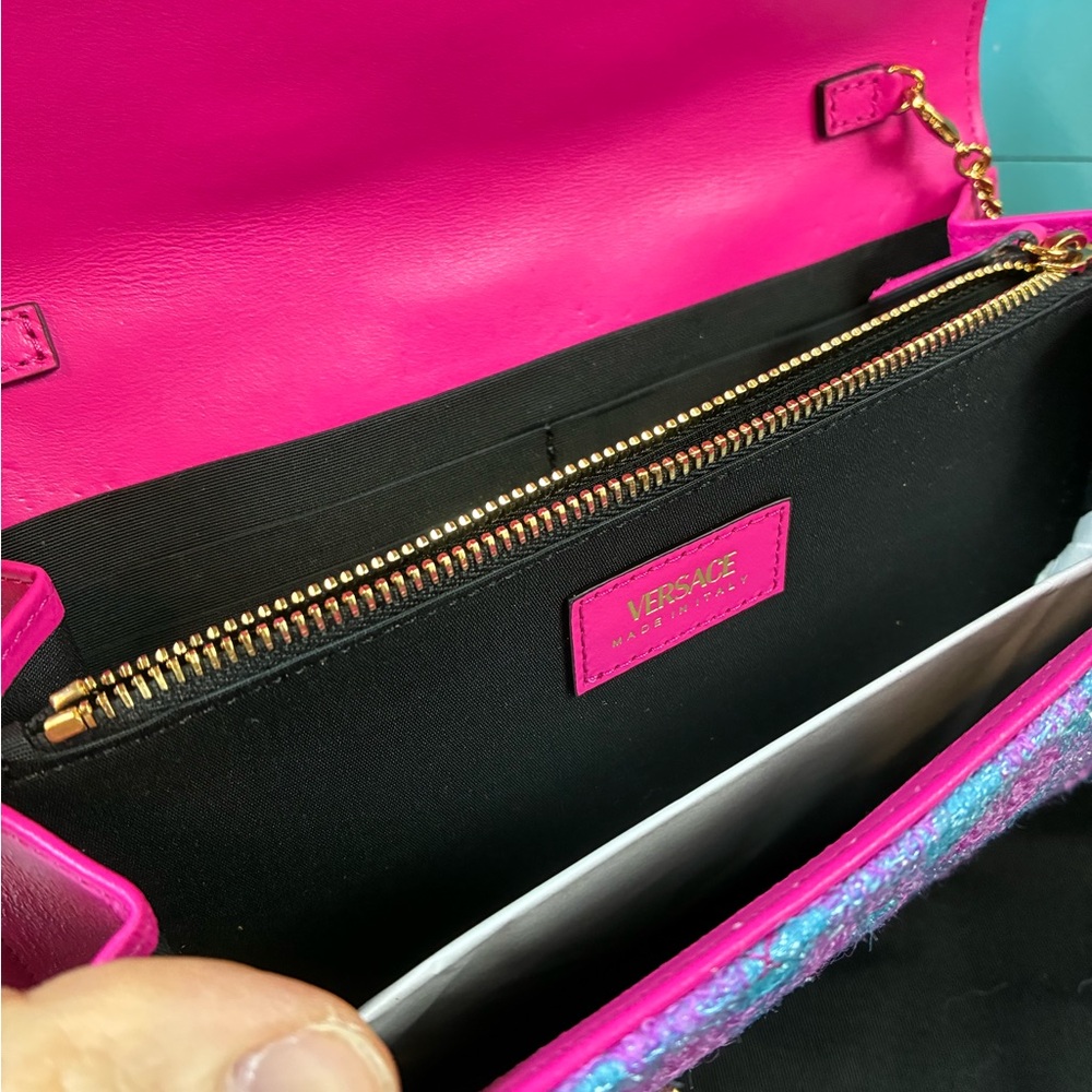 NWT Authentic Versace Pink Purple Blue Wool Tweed Checkered WOC Wallet On Chain - Picture 7 of 11